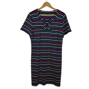 Talbots Striped Knit Shift‎ Dress Large Bow Colorful Preppy Cotton Retro Office